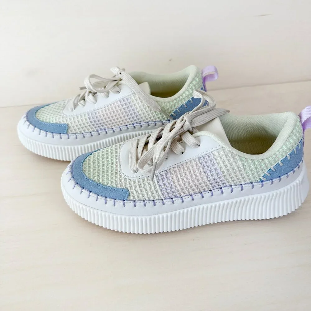 NWT Nicole Miller Sz 7.5‎ Woven Platform Sneakers White Blue Green Women's